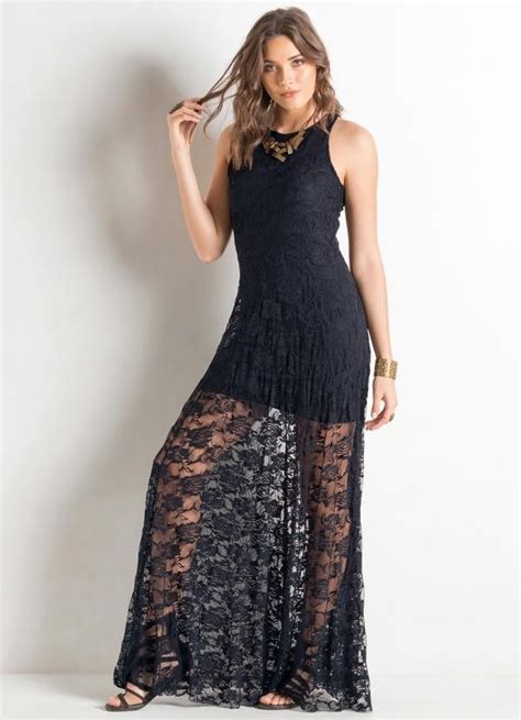 vestido longo de fenda preto de renda barato de alcinha|Vestido Longo de Alcinha em Renda Floral com Forro e Fenda .